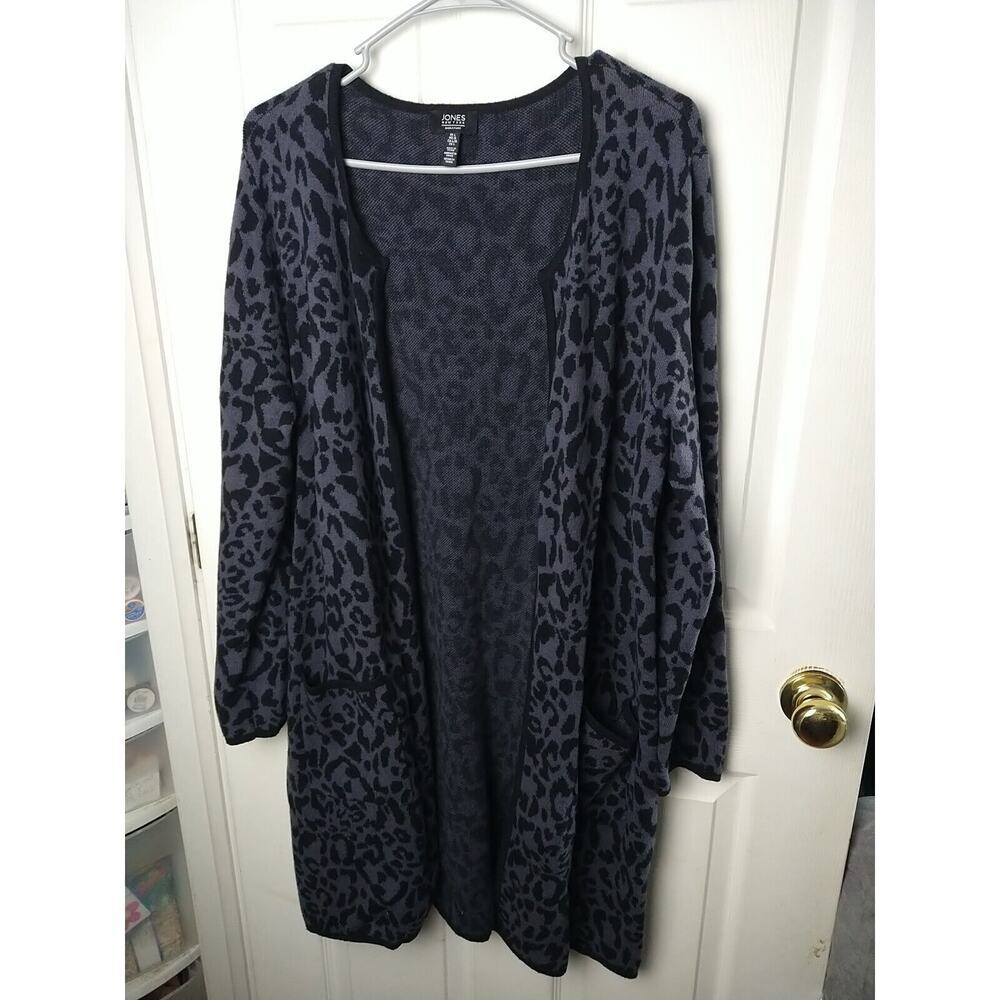 Jones New York Signature Woman L Duster Grey Black Cheetah Pocket Long Cardigan